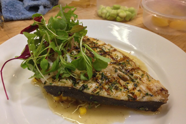 Grilled Halibut Steak with Organic Vegetable (Asparagus, Beets, Corn, Fava and Sprouts) - Chef's version as ours were "to go"